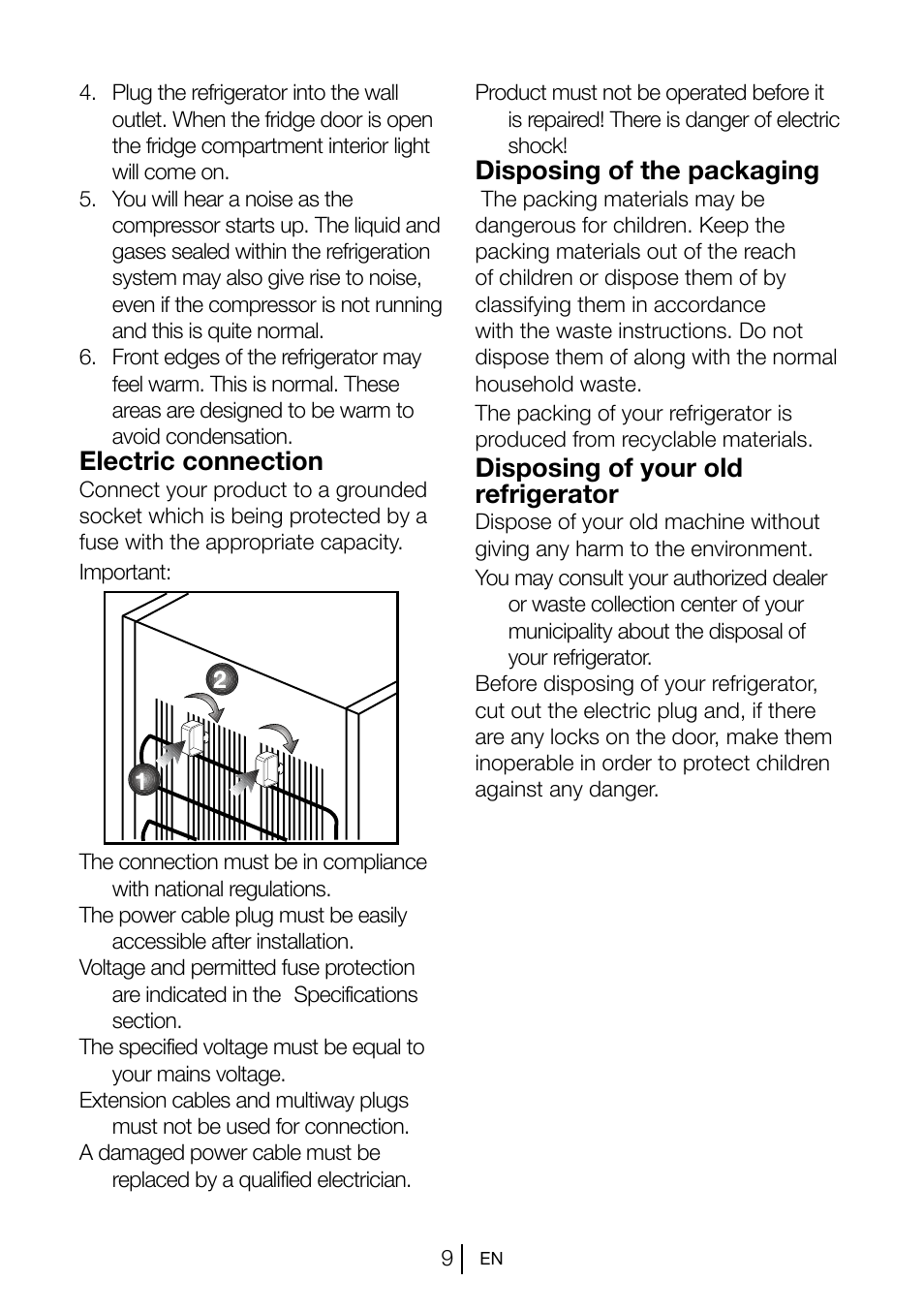 Electric connection, Disposing of the packaging, Disposing of your old refrigerator | Blomberg FNT 1580 i A+ User Manual | Page 11 / 23