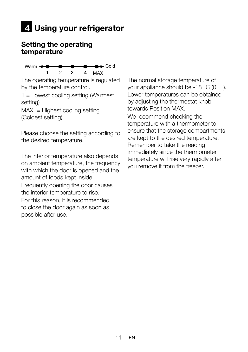 4using your refrigerator, Setting the operating temperature | Blomberg FNT 1580 i A+ User Manual | Page 13 / 23