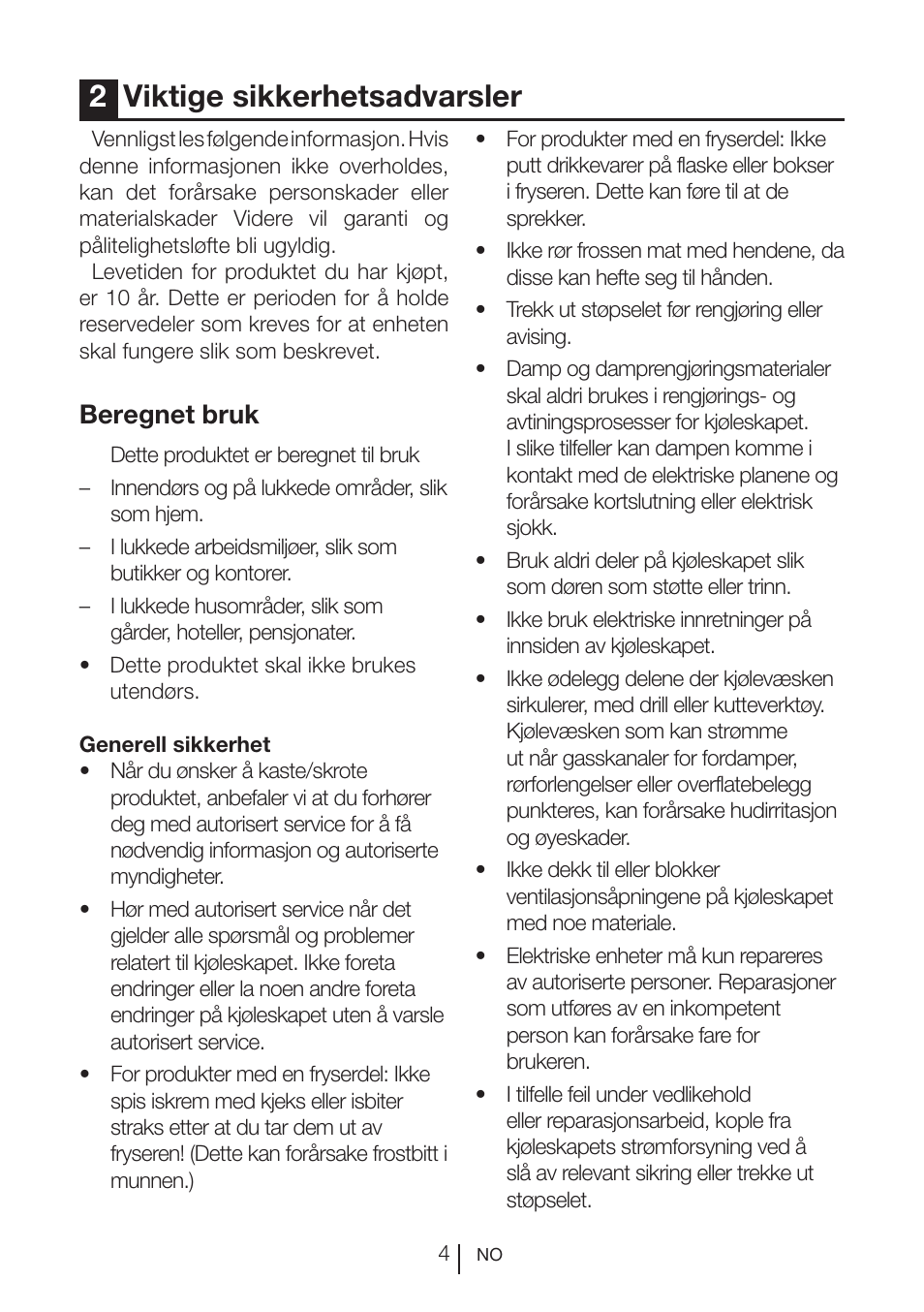 2viktige sikkerhetsadvarsler, Beregnet bruk | Blomberg SSM 1350 iF A++ User Manual | Page 114 / 165