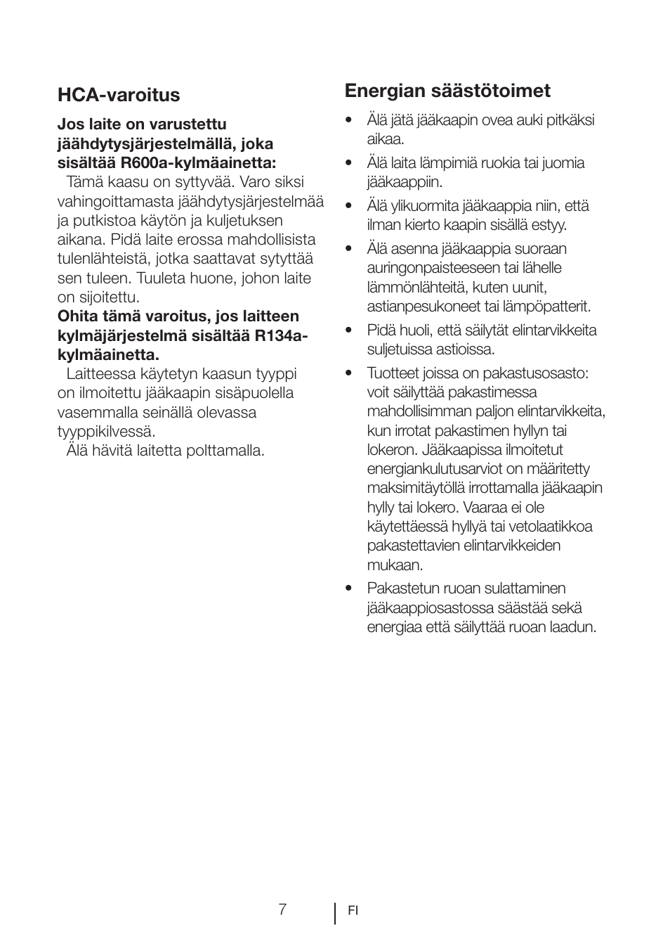 Hca-varoitus, Energian säästötoimet | Blomberg SSM 1350 iF A++ User Manual | Page 135 / 165