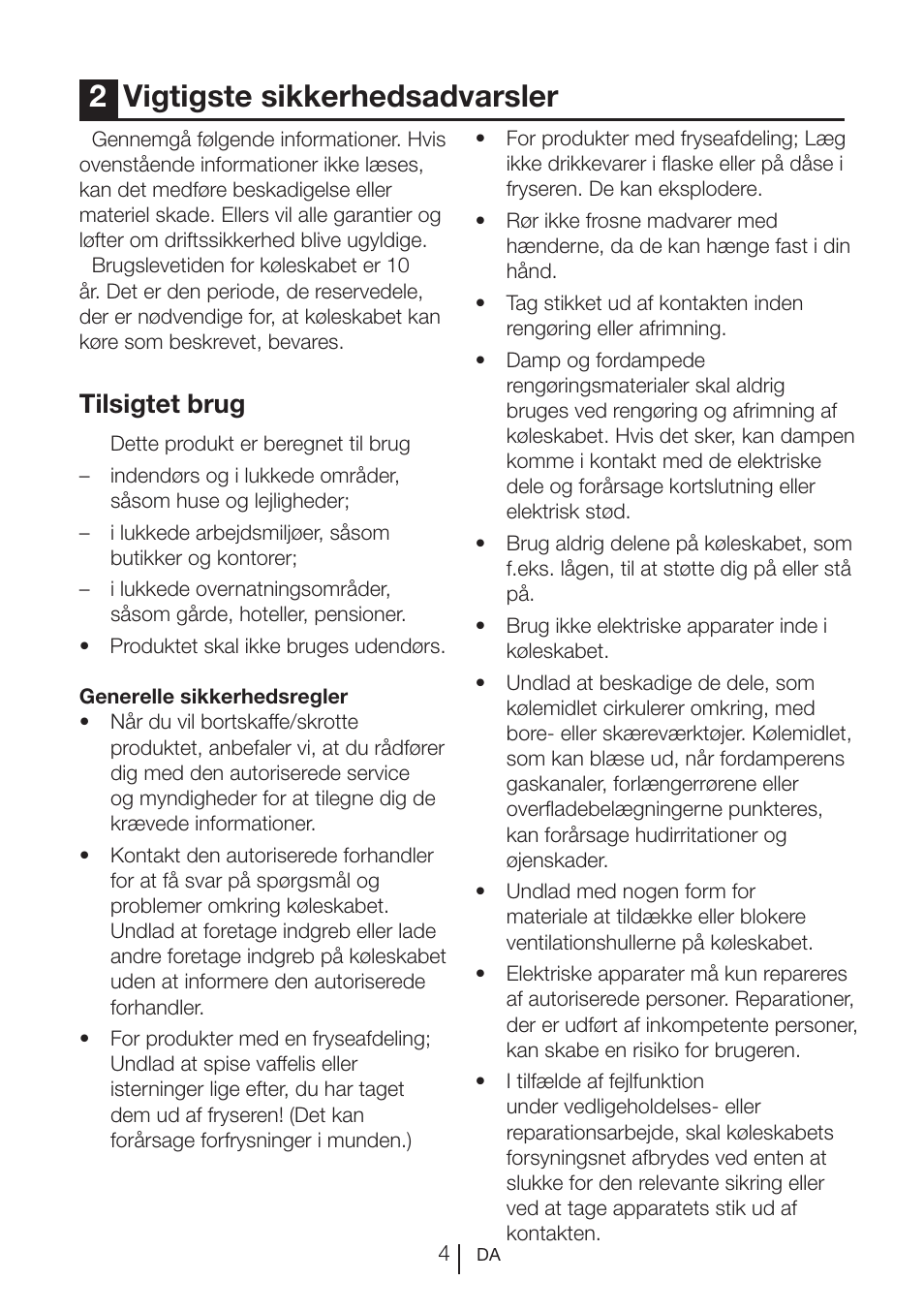 2vigtigste sikkerhedsadvarsler, Tilsigtet brug | Blomberg SSM 1350 iF A++ User Manual | Page 150 / 165