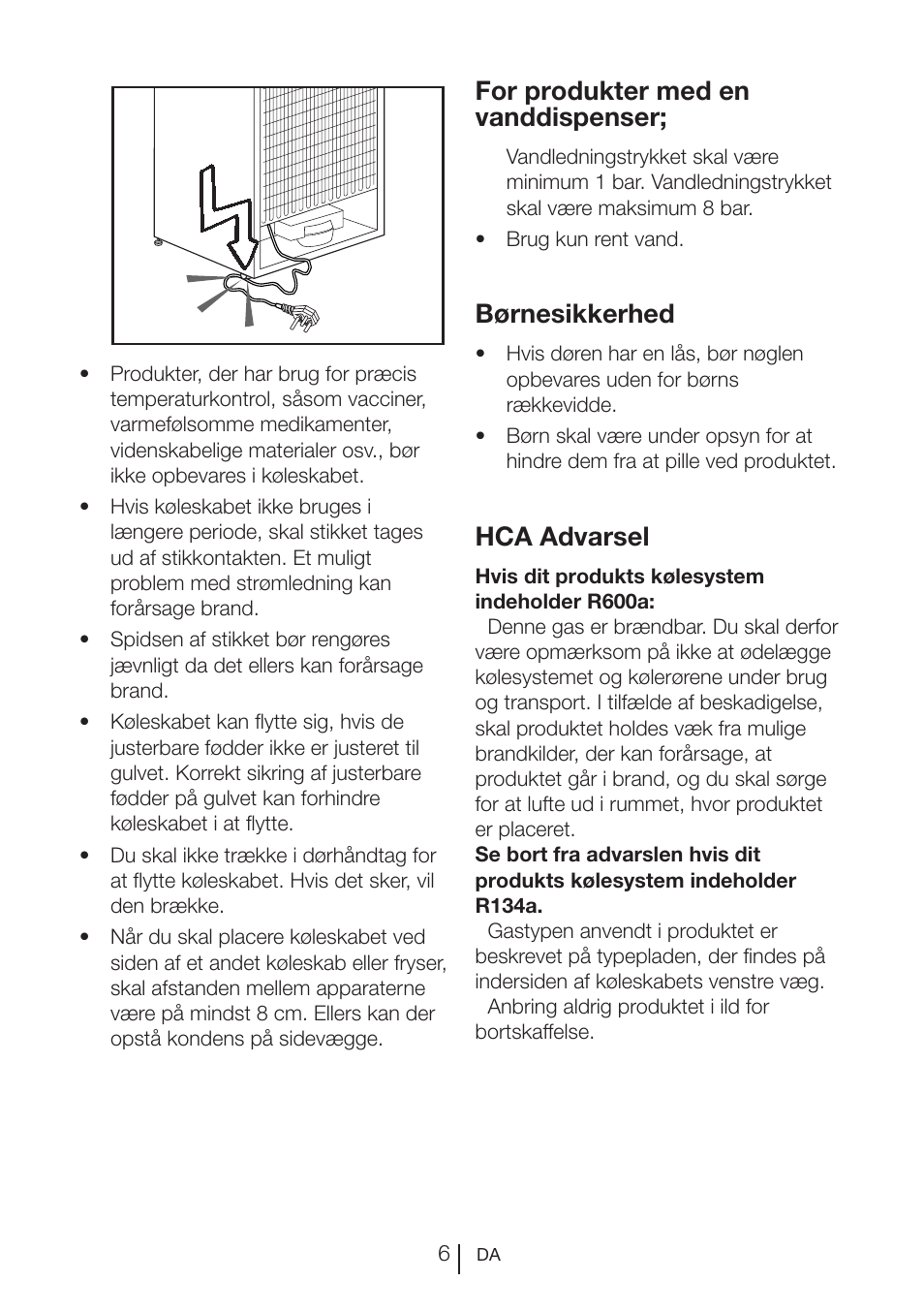 For produkter med en vanddispenser, Børnesikkerhed, Hca advarsel | Blomberg SSM 1350 iF A++ User Manual | Page 152 / 165