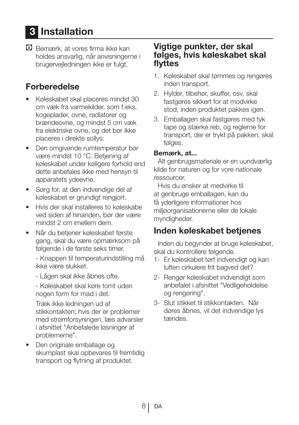 3installation, Forberedelse, Inden køleskabet betjenes | Blomberg SSM 1350 iF A++ User Manual | Page 154 / 165