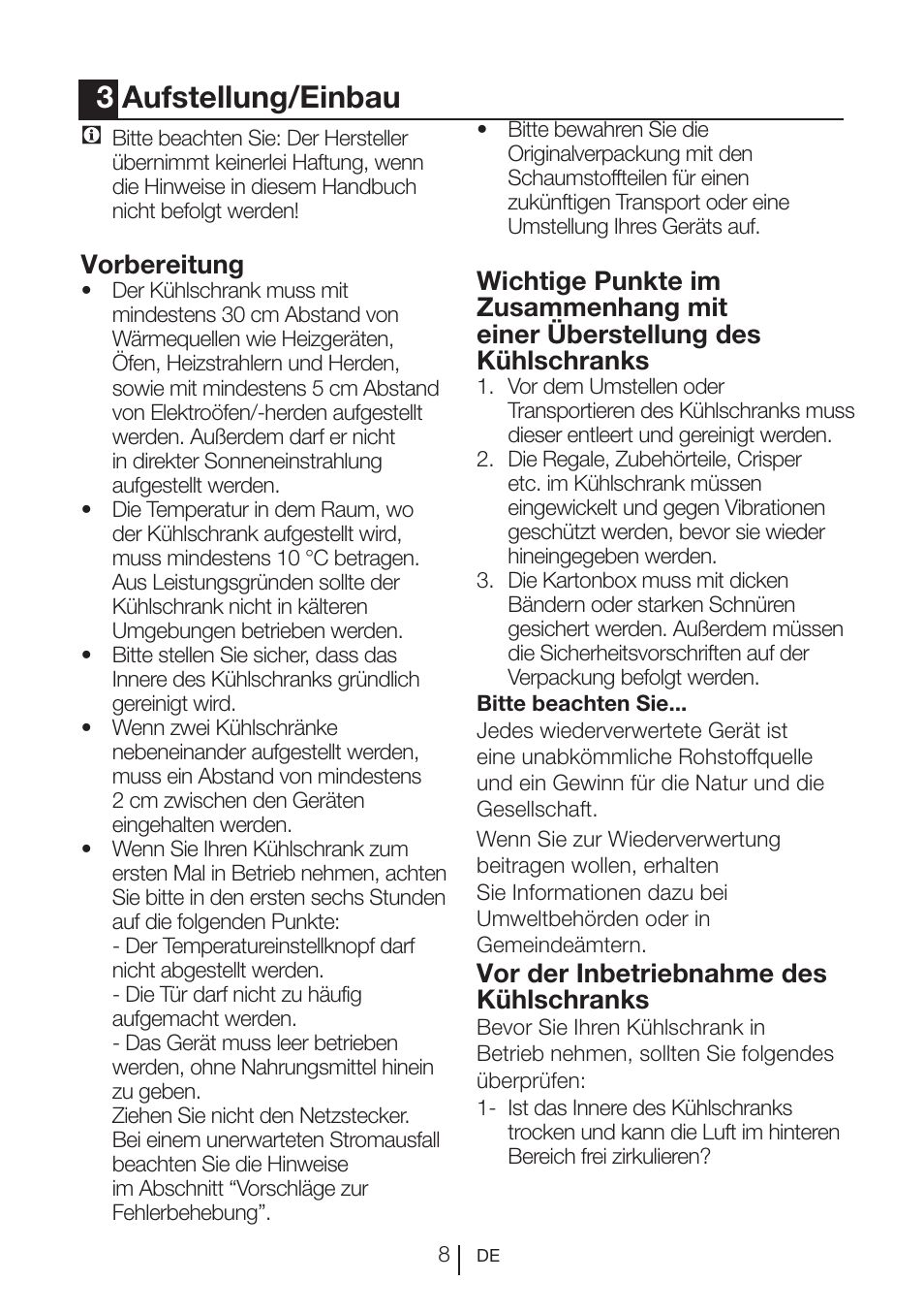 3aufstellung/einbau, Vorbereitung, Vor der inbetriebnahme des kühlschranks | Blomberg SSM 1350 iF A++ User Manual | Page 45 / 165