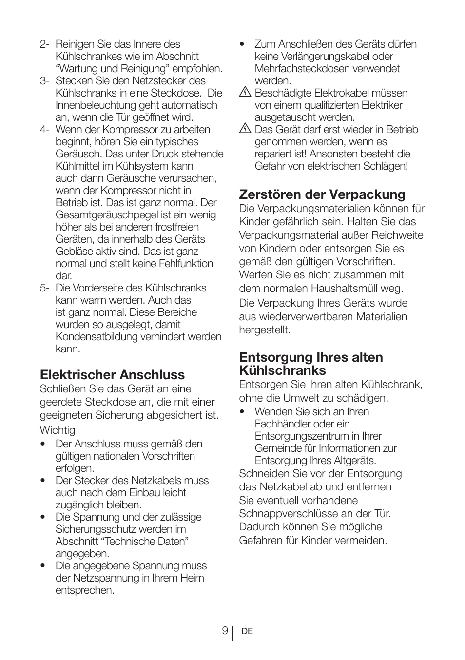 Elektrischer anschluss, Zerstören der verpackung, Entsorgung ihres alten kühlschranks | Blomberg SSM 1350 iF A++ User Manual | Page 46 / 165