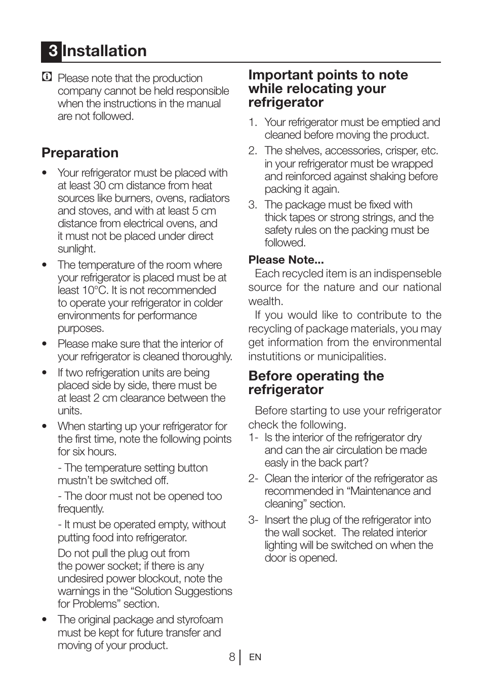 3installation, Preparation, Before operating the refrigerator | Blomberg SSM 1350 iF A++ User Manual | Page 9 / 165