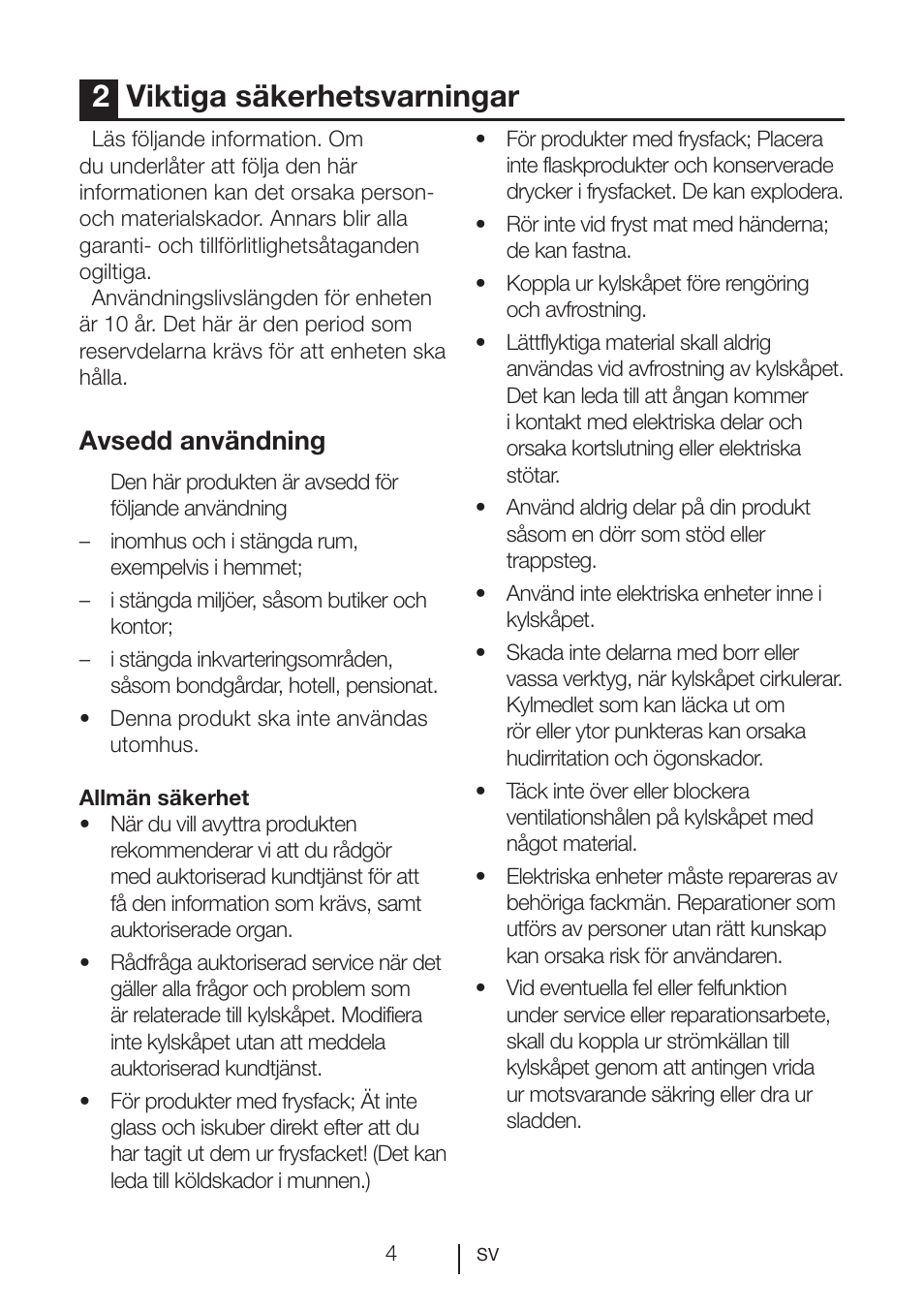 2viktiga säkerhetsvarningar, Avsedd användning | Blomberg SSM 1350 iF A++ User Manual | Page 96 / 165