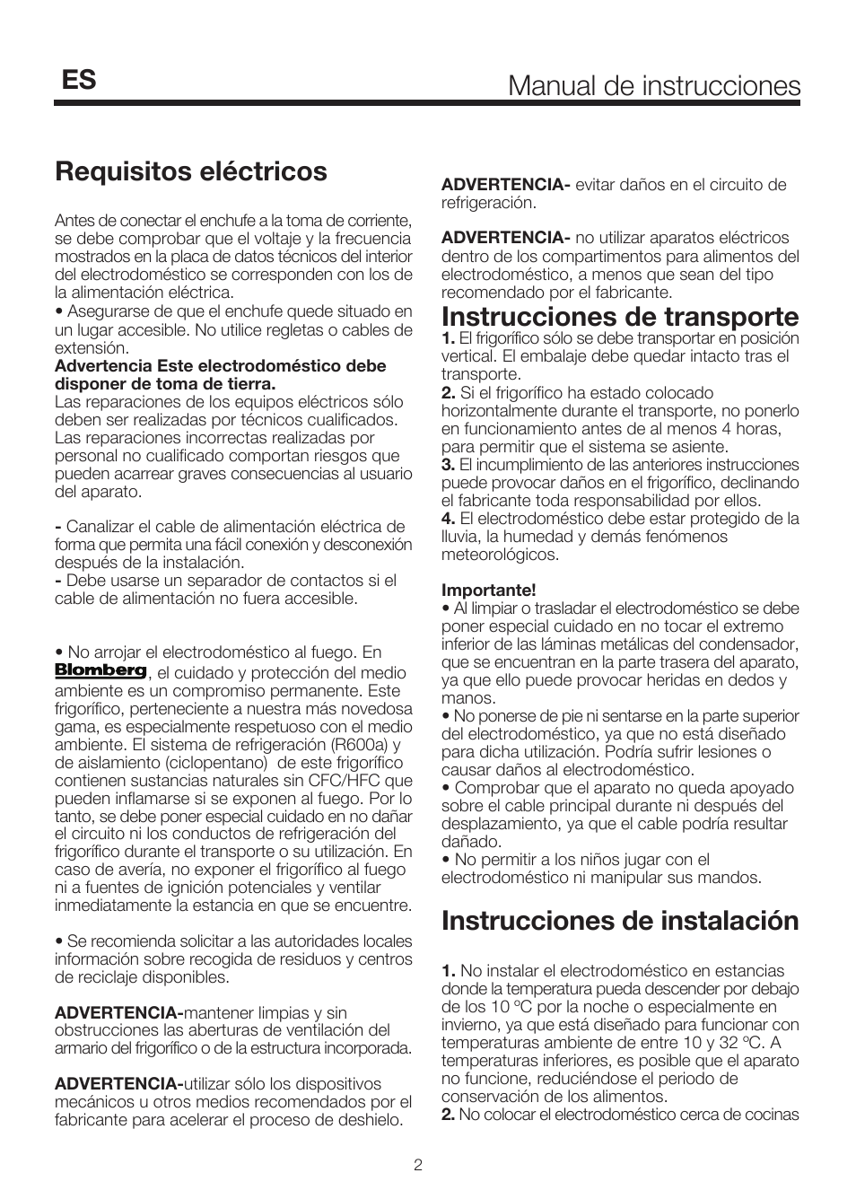 Manual de instrucciones, Requisitos eléctricos, Instrucciones de transporte | Instrucciones de instalación | Blomberg KSE 1550 i User Manual | Page 140 / 157