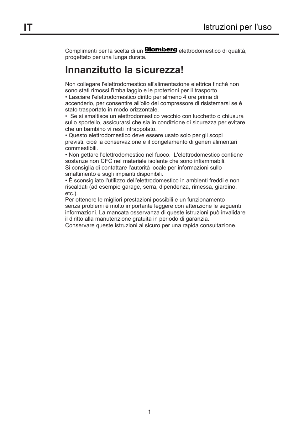 Innanzitutto la sicurezza, Istruzioni per l'uso | Blomberg KSE 1550 i User Manual | Page 148 / 157