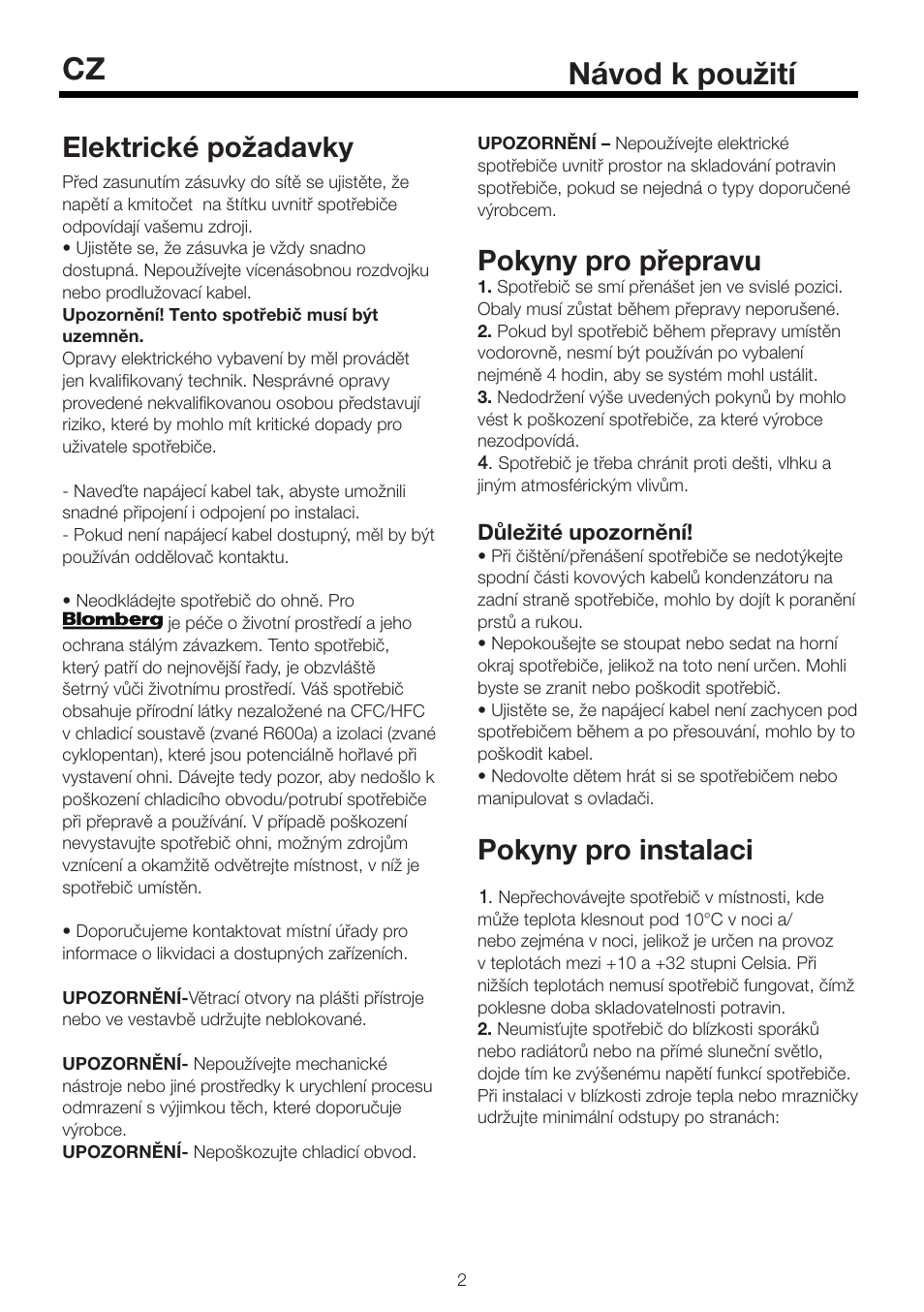 Návod k použití cz, Elektrické požadavky, Pokyny pro přepravu | Pokyny pro instalaci | Blomberg KSE 1550 i User Manual | Page 62 / 157