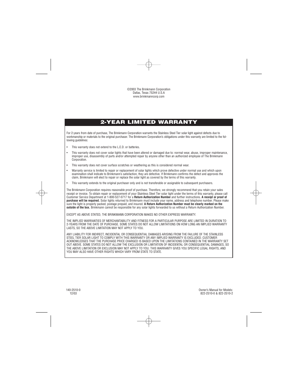 Year limited warranty | Brinkmann Solar Max Stainless Steel Tier User Manual | Page 8 / 8