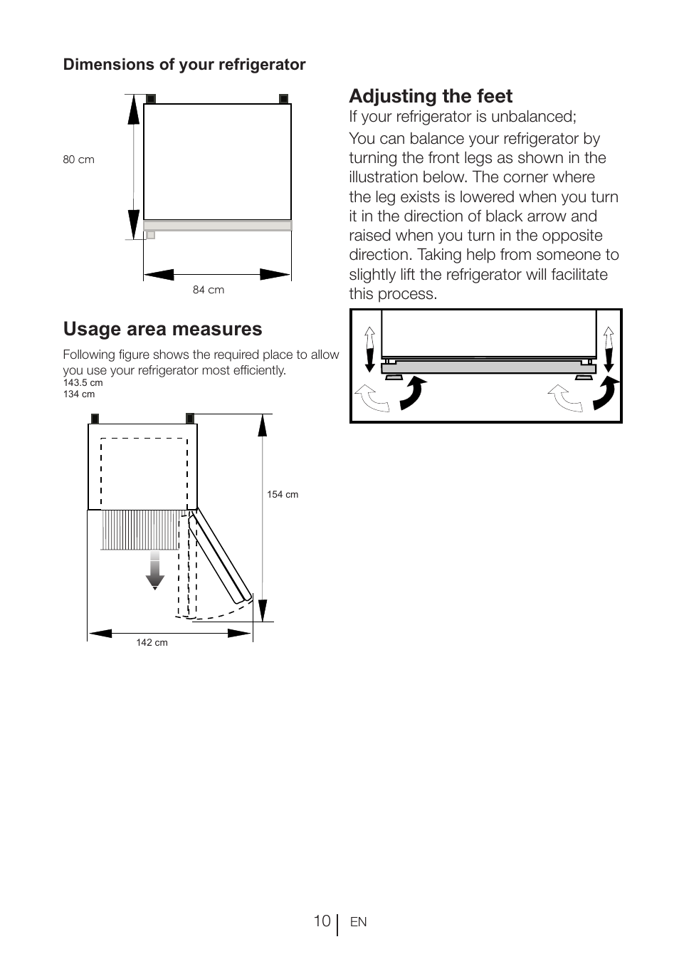 Adjusting the feet, Usage area measures | Blomberg DND 1976 X User Manual | Page 11 / 162