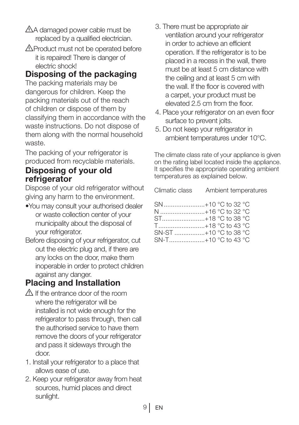 Disposing of the packaging, Disposing of your old refrigerator, Placing and installation a | Blomberg DNM 9650 T User Manual | Page 11 / 117