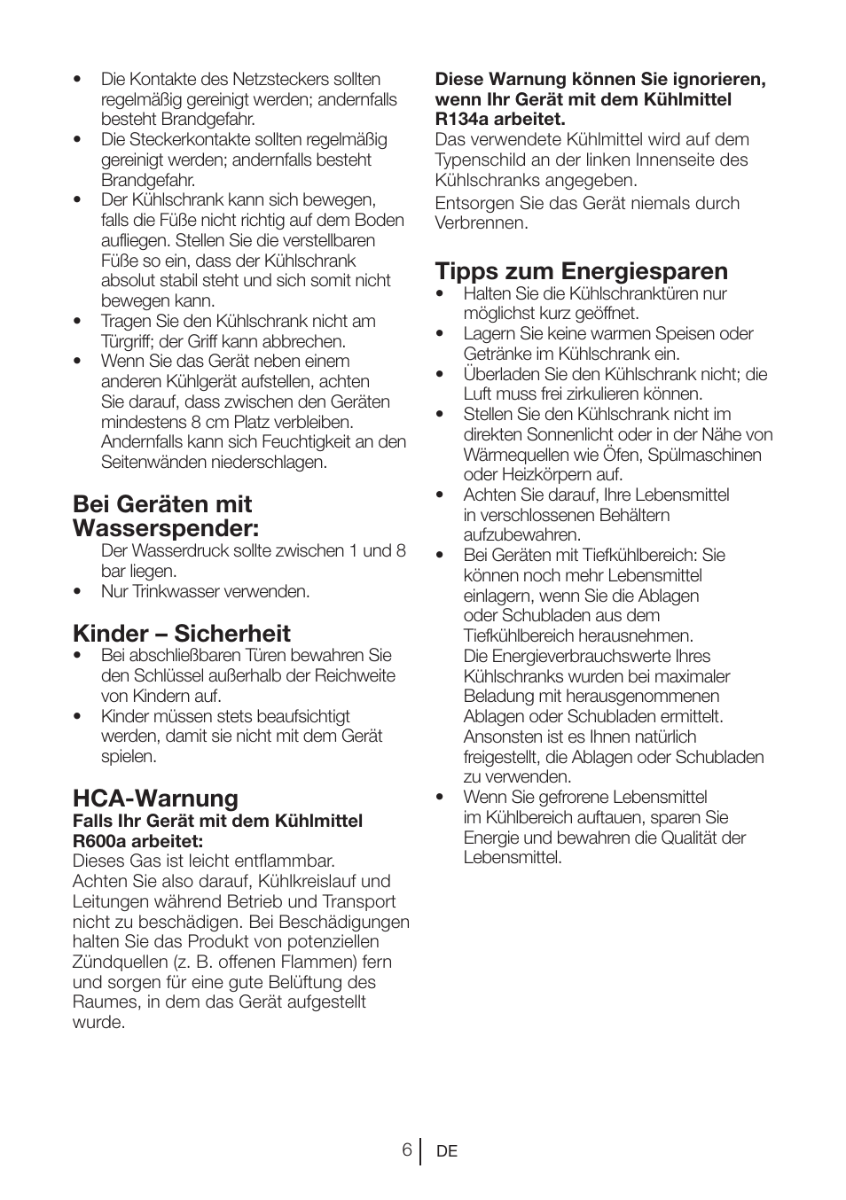 Bei geräten mit wasserspender, Kinder – sicherheit, Hca-warnung | Tipps zum energiesparen | Blomberg DNM 9650 T User Manual | Page 27 / 117