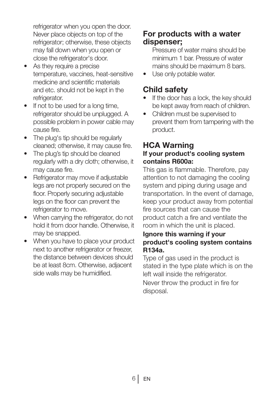 For products with a water dispenser, Child safety, Hca warning | Blomberg DNM 9650 T User Manual | Page 8 / 117