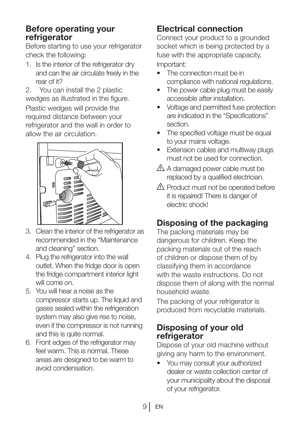 Before operating your refrigerator, Electrical connection, Disposing of the packaging | Disposing of your old refrigerator | Blomberg DNE 9840 A+ User Manual | Page 10 / 95