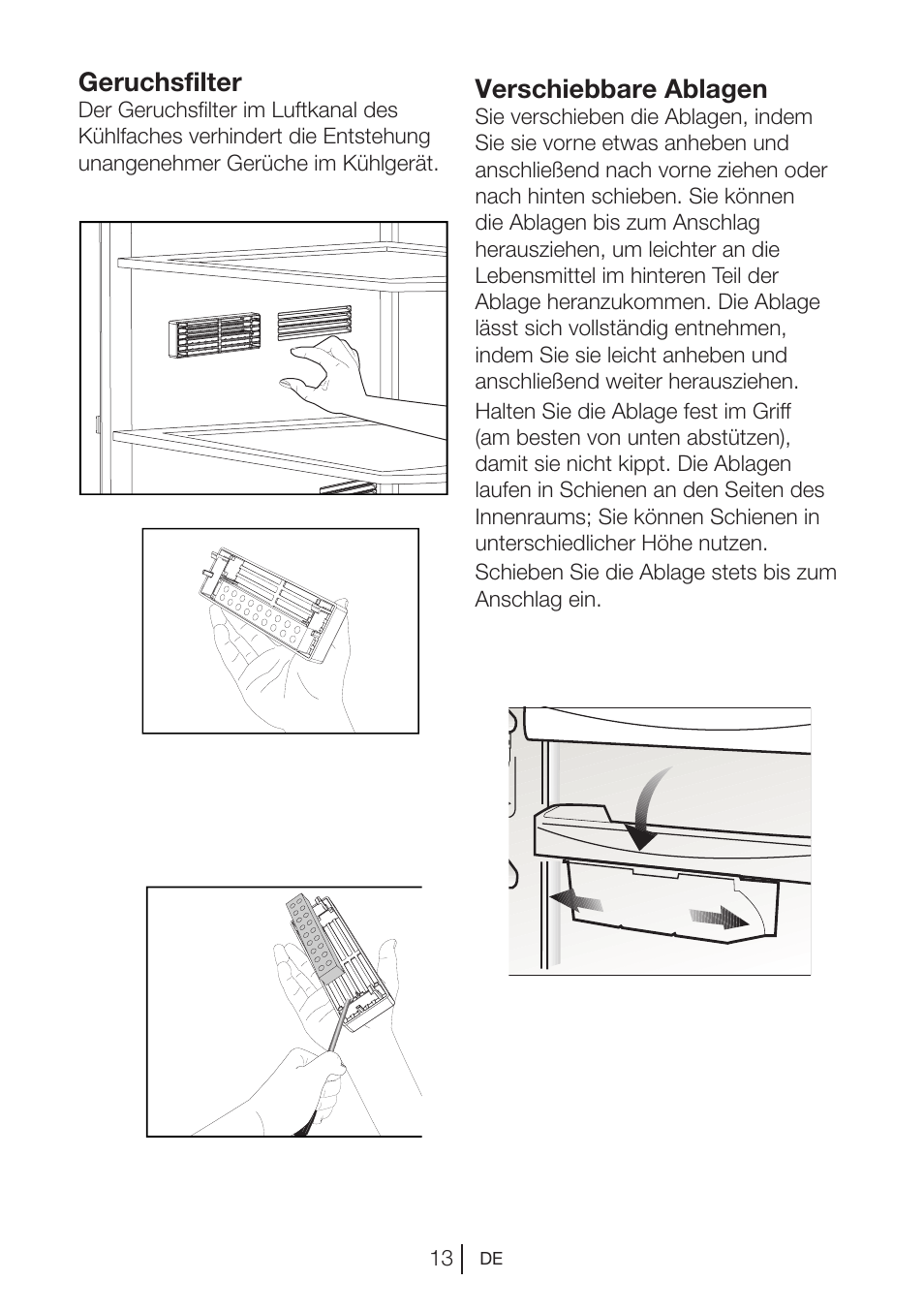 Verschiebbare ablagen, Geruchsfilter | Blomberg DNE 9840 A+ User Manual | Page 32 / 95