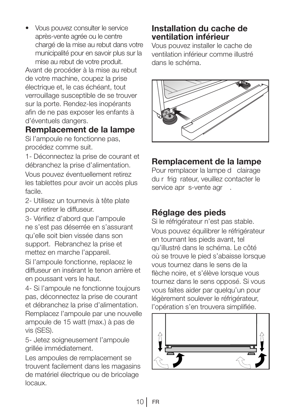 Remplacement de la lampe, Installation du cache de ventilation inférieur, Réglage des pieds | Blomberg DNE 9840 A+ User Manual | Page 49 / 95