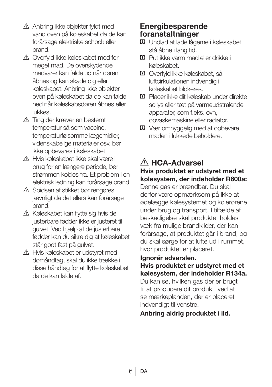 Hca-advarsel, Energibesparende foranstaltninger | Blomberg DNE 9840 A+ User Manual | Page 64 / 95