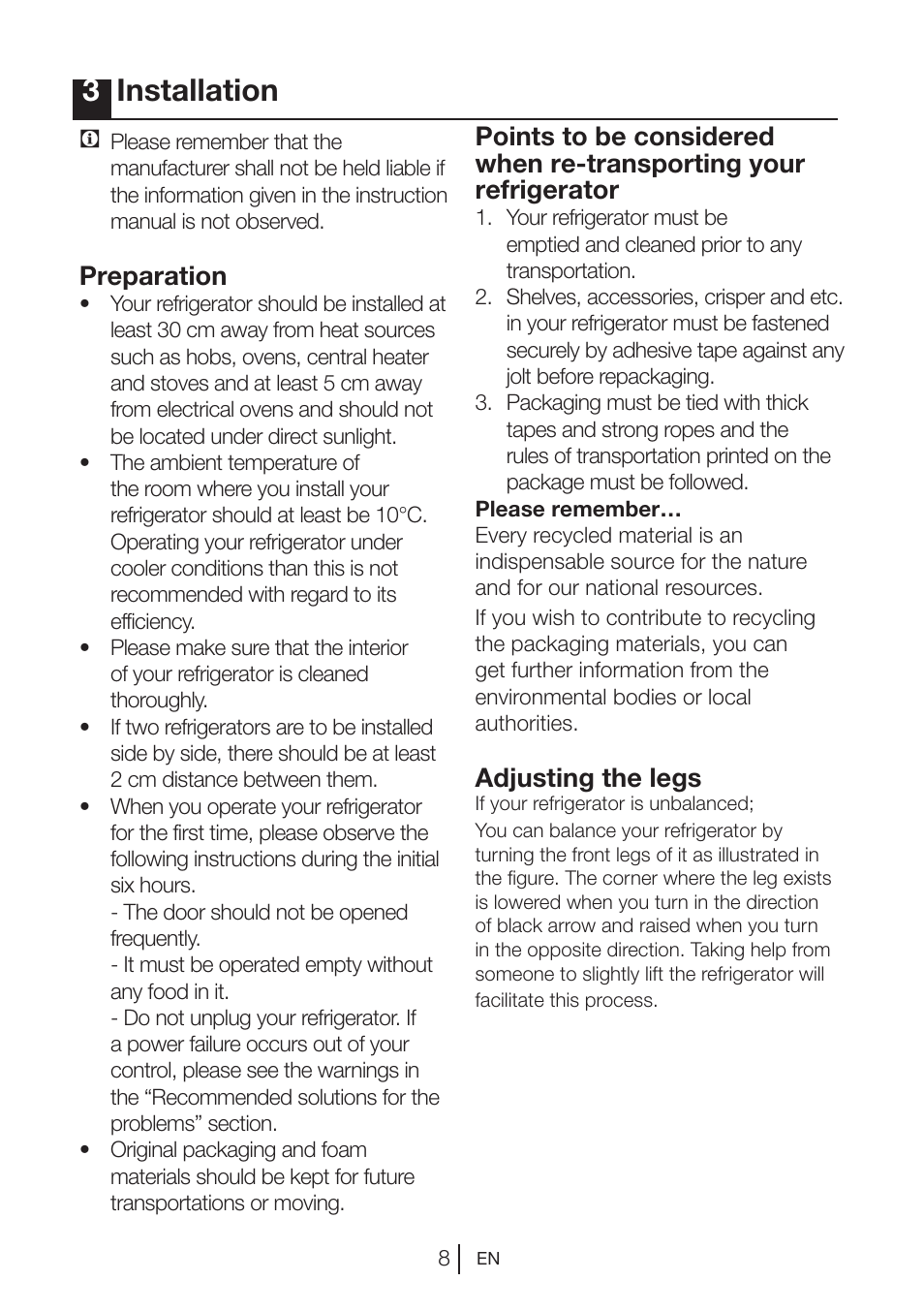 3installation, Preparation, Adjusting the legs | Blomberg DNE 9840 A+ User Manual | Page 9 / 95
