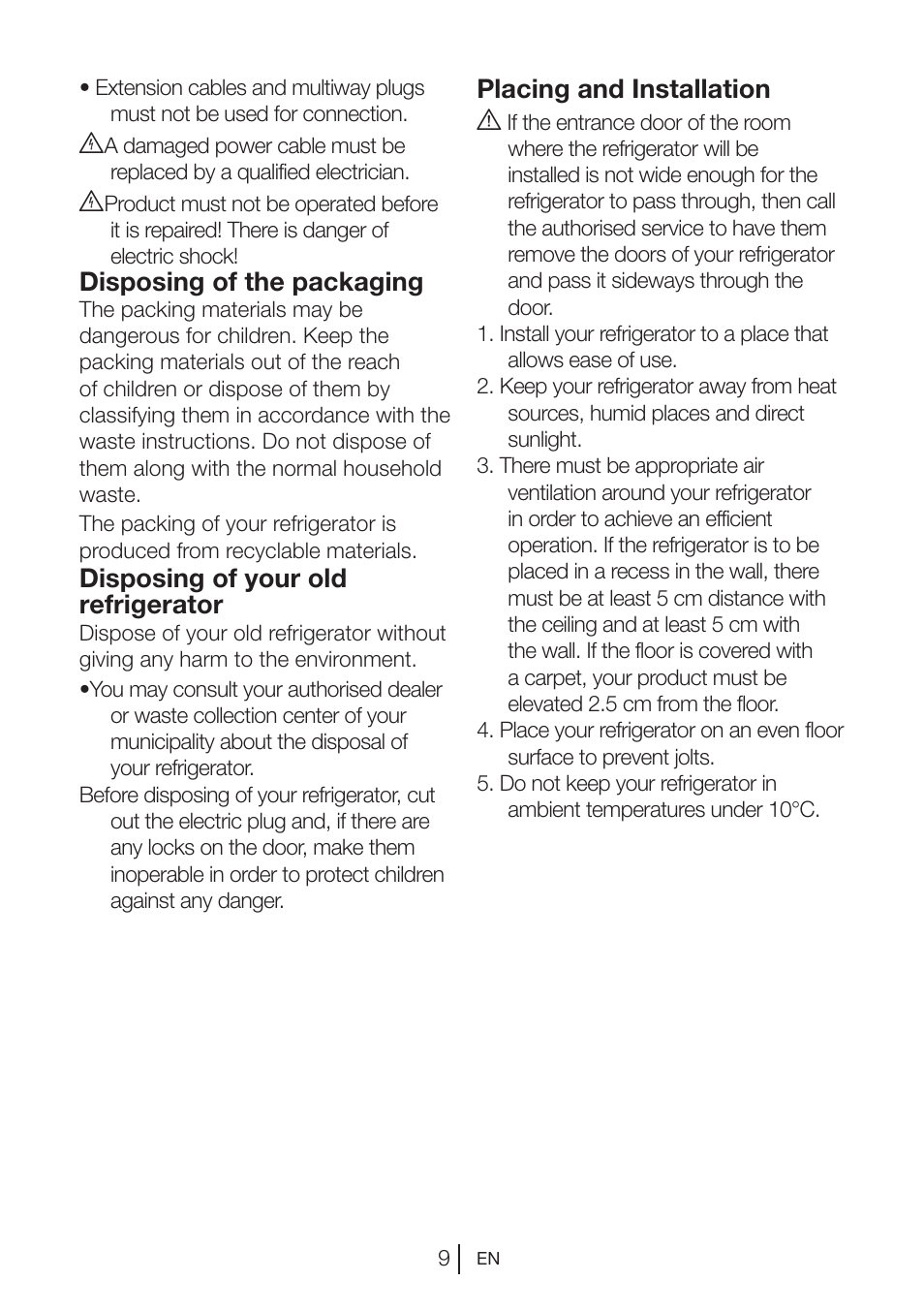 Disposing of the packaging, Disposing of your old refrigerator, Placing and installation a | Blomberg DSM 9870 X User Manual | Page 10 / 81