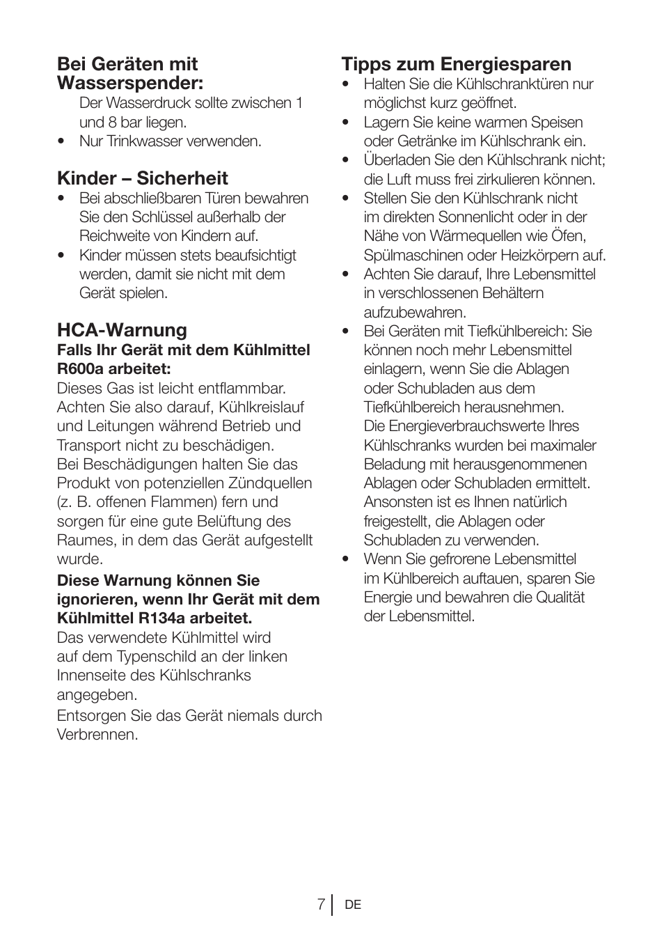 Bei geräten mit wasserspender, Kinder – sicherheit, Hca-warnung | Tipps zum energiesparen | Blomberg DSM 9870 X User Manual | Page 27 / 81