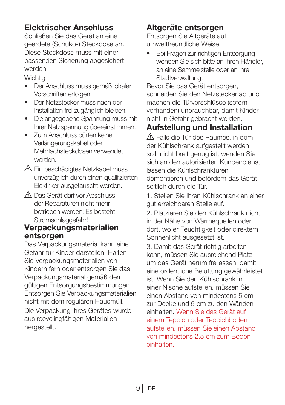 Elektrischer anschluss, Verpackungsmaterialien entsorgen, Altgeräte entsorgen | Aufstellung und installation a | Blomberg DSM 9870 X User Manual | Page 29 / 81