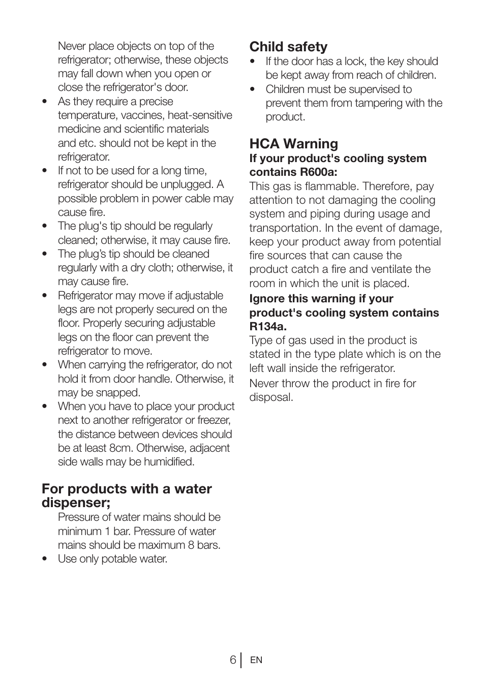 For products with a water dispenser, Child safety, Hca warning | Blomberg DSM 9870 X User Manual | Page 7 / 81