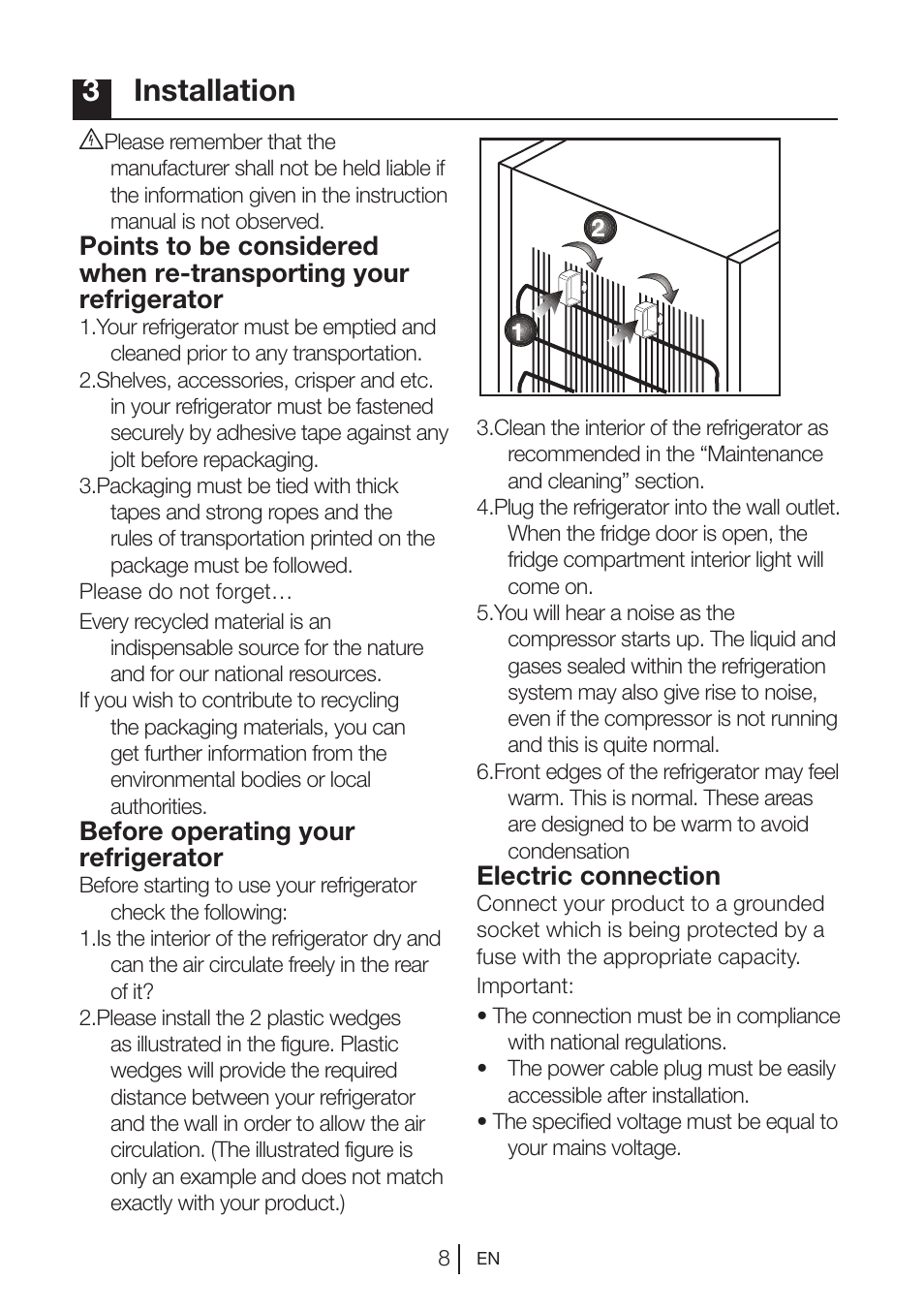 3installation, Before operating your refrigerator, Electric connection | Blomberg DSM 9870 X User Manual | Page 9 / 81