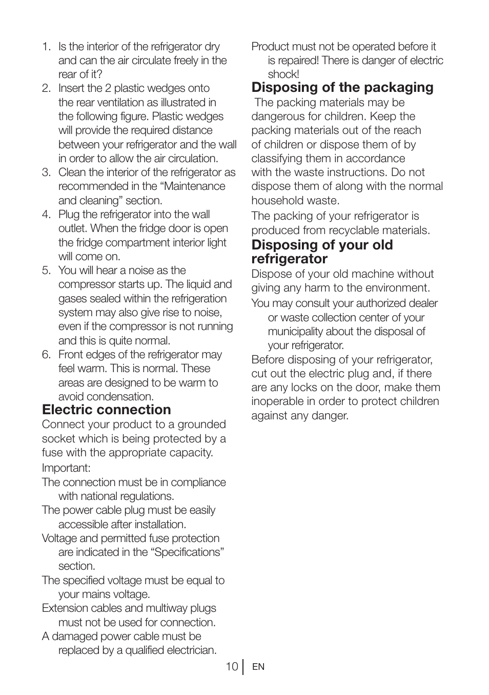 Electric connection, Disposing of the packaging, Disposing of your old refrigerator | Blomberg DNE 9887 A+ User Manual | Page 11 / 80