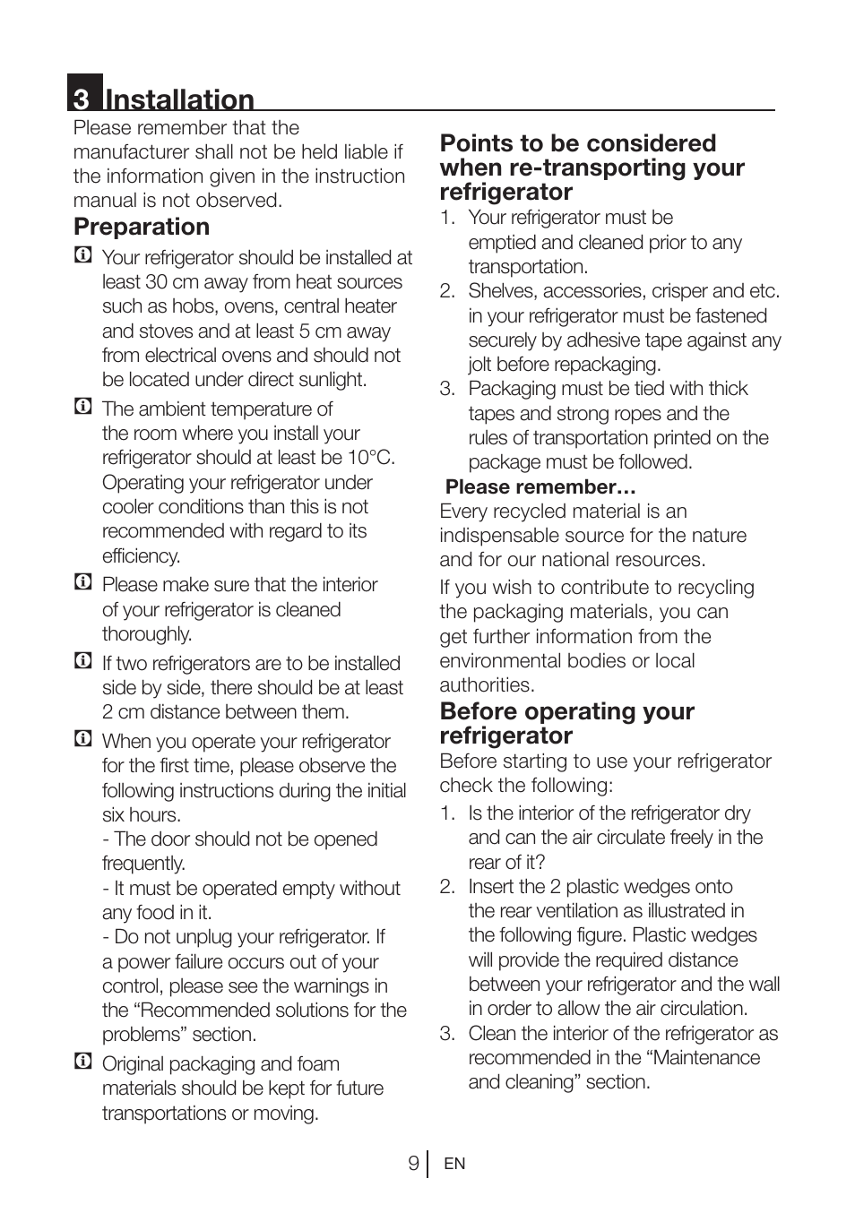 3installation, Preparation c, Before operating your refrigerator | Blomberg DNE 9860 X A+ User Manual | Page 10 / 81