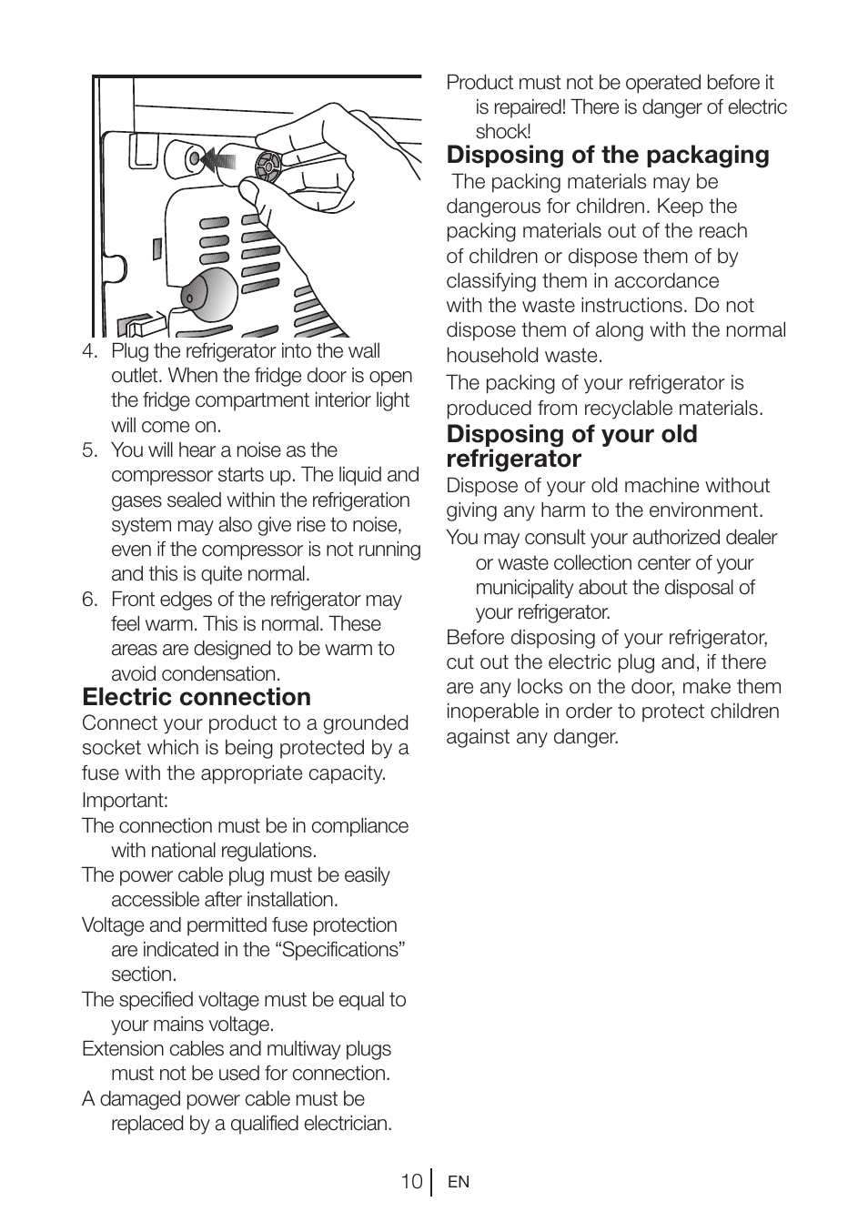 Electric connection, Disposing of the packaging, Disposing of your old refrigerator | Blomberg DNE 9860 X A+ User Manual | Page 11 / 81