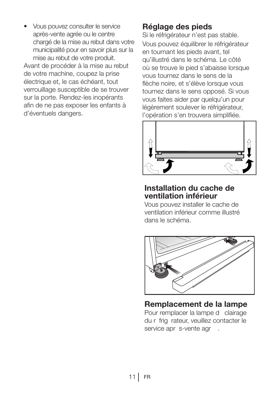 Installation du cache de ventilation inférieur, Réglage des pieds, Remplacement de la lampe | Blomberg DNE 9860 X A+ User Manual | Page 52 / 81