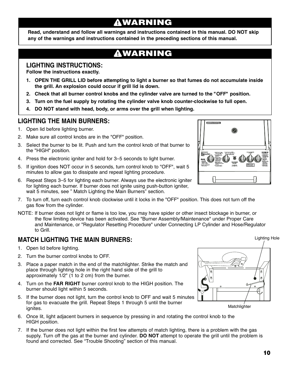 Warning, Lighting instructions, Lighting the main burners | Match lighting the main burners | Brinkmann 4425 User Manual | Page 11 / 36
