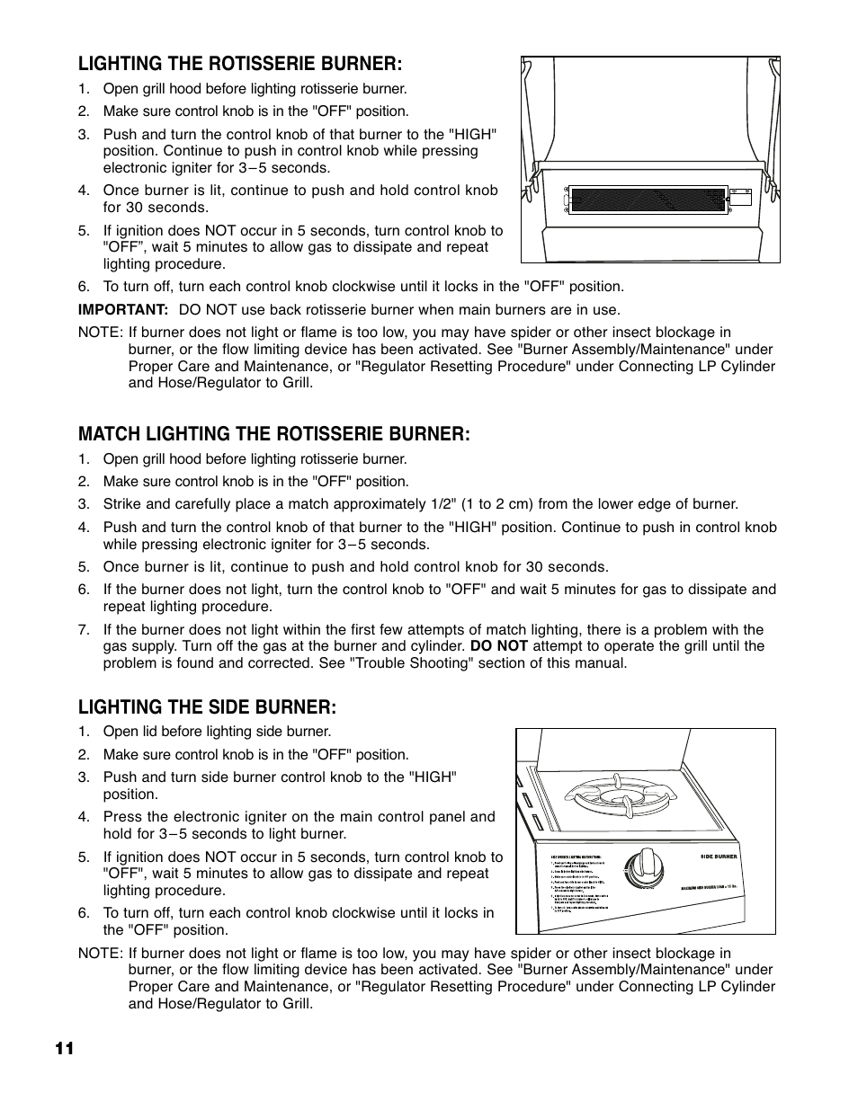 Lighting the rotisserie burner, Match lighting the rotisserie burner, Lighting the side burner | Brinkmann 4425 User Manual | Page 12 / 36