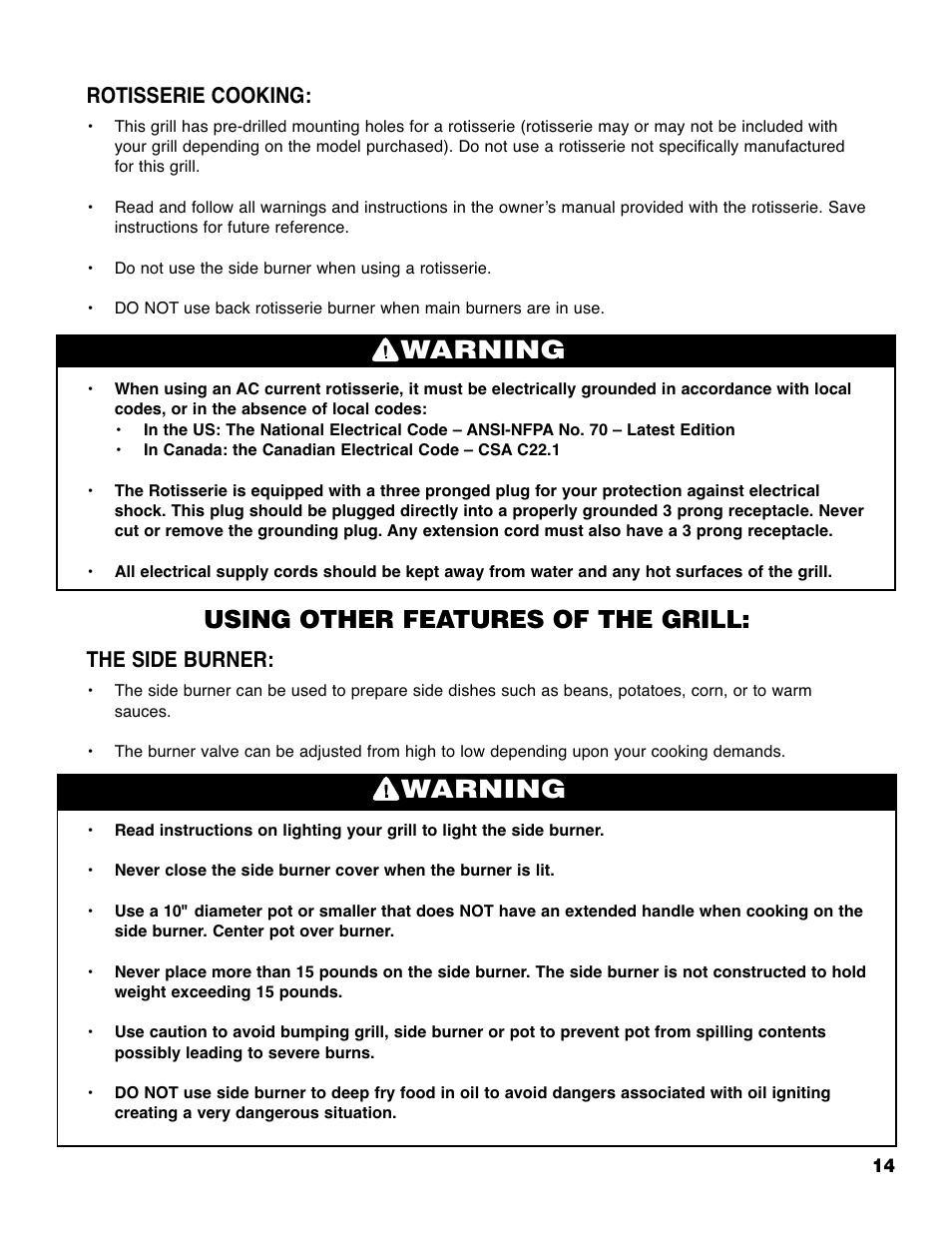 Warning, Using other features of the grill, Rotisserie cooking | The side burner | Brinkmann 4425 User Manual | Page 15 / 36