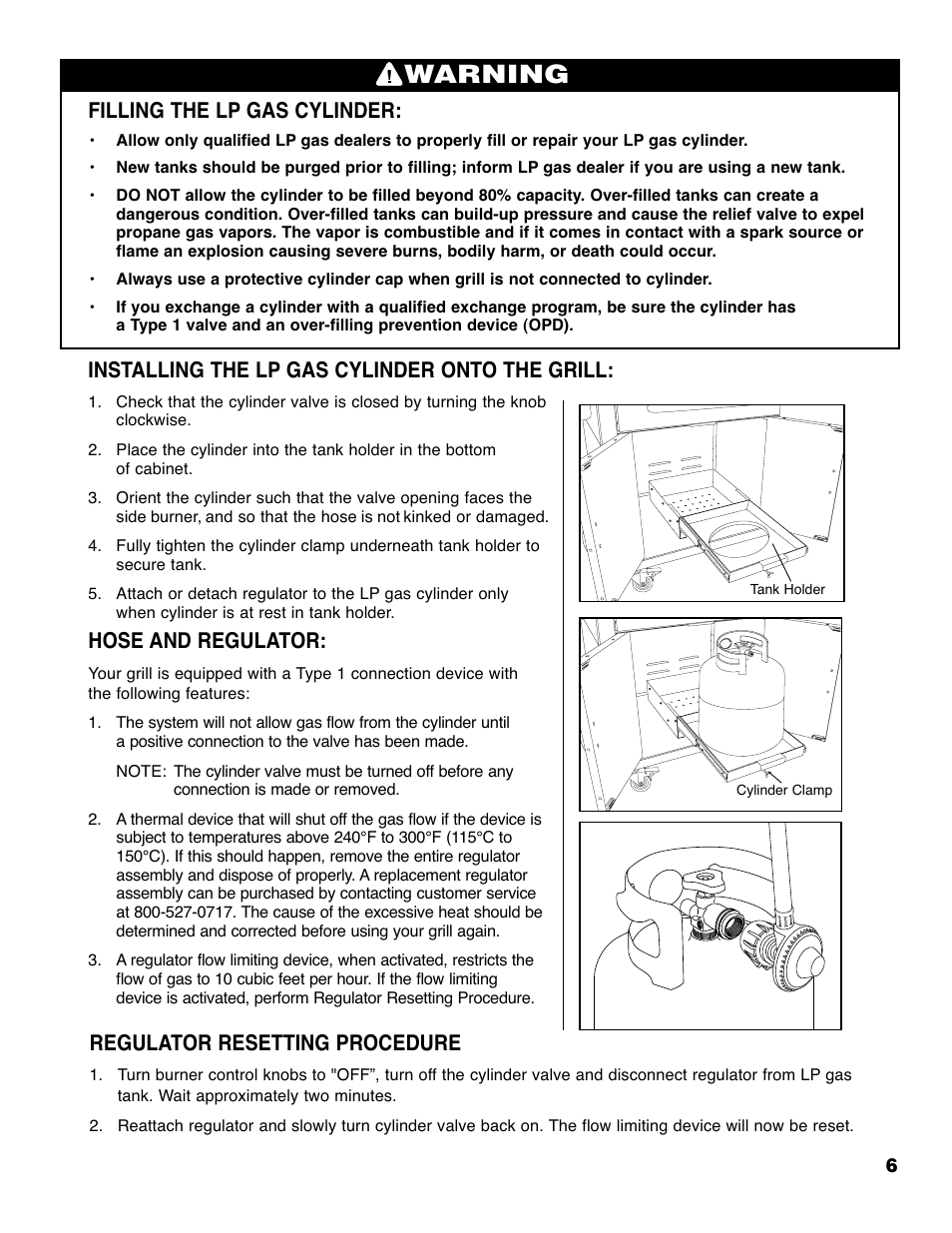 Warning, Filling the lp gas cylinder, Installing the lp gas cylinder onto the grill | Hose and regulator, Regulator resetting procedure | Brinkmann 4425 User Manual | Page 7 / 36