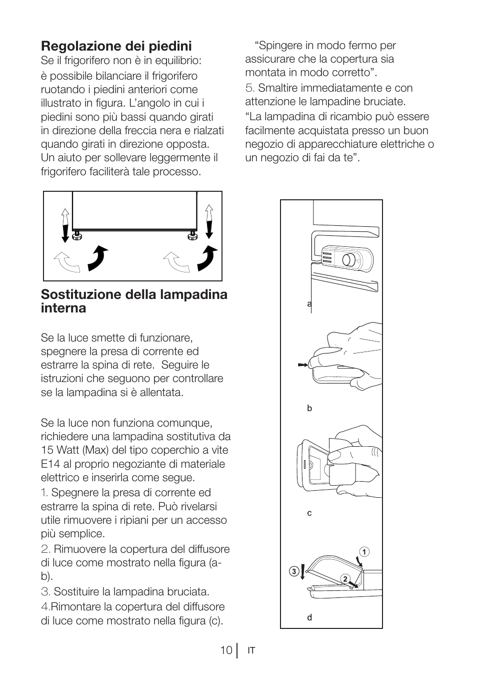 Regolazione dei piedini, Sostituzione della lampadina interna | Blomberg DSM 9510 X A+ User Manual | Page 105 / 191
