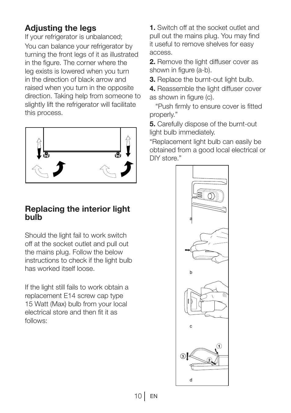 Replacing the interior light bulb, Adjusting the legs | Blomberg DSM 9510 X A+ User Manual | Page 11 / 191