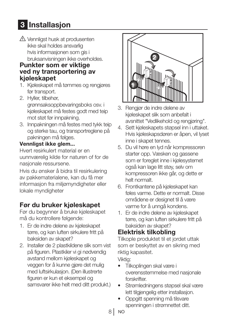 3installasjon, Før du bruker kjøleskapet, Elektrisk tilkobling | Blomberg DSM 9510 X A+ User Manual | Page 122 / 191