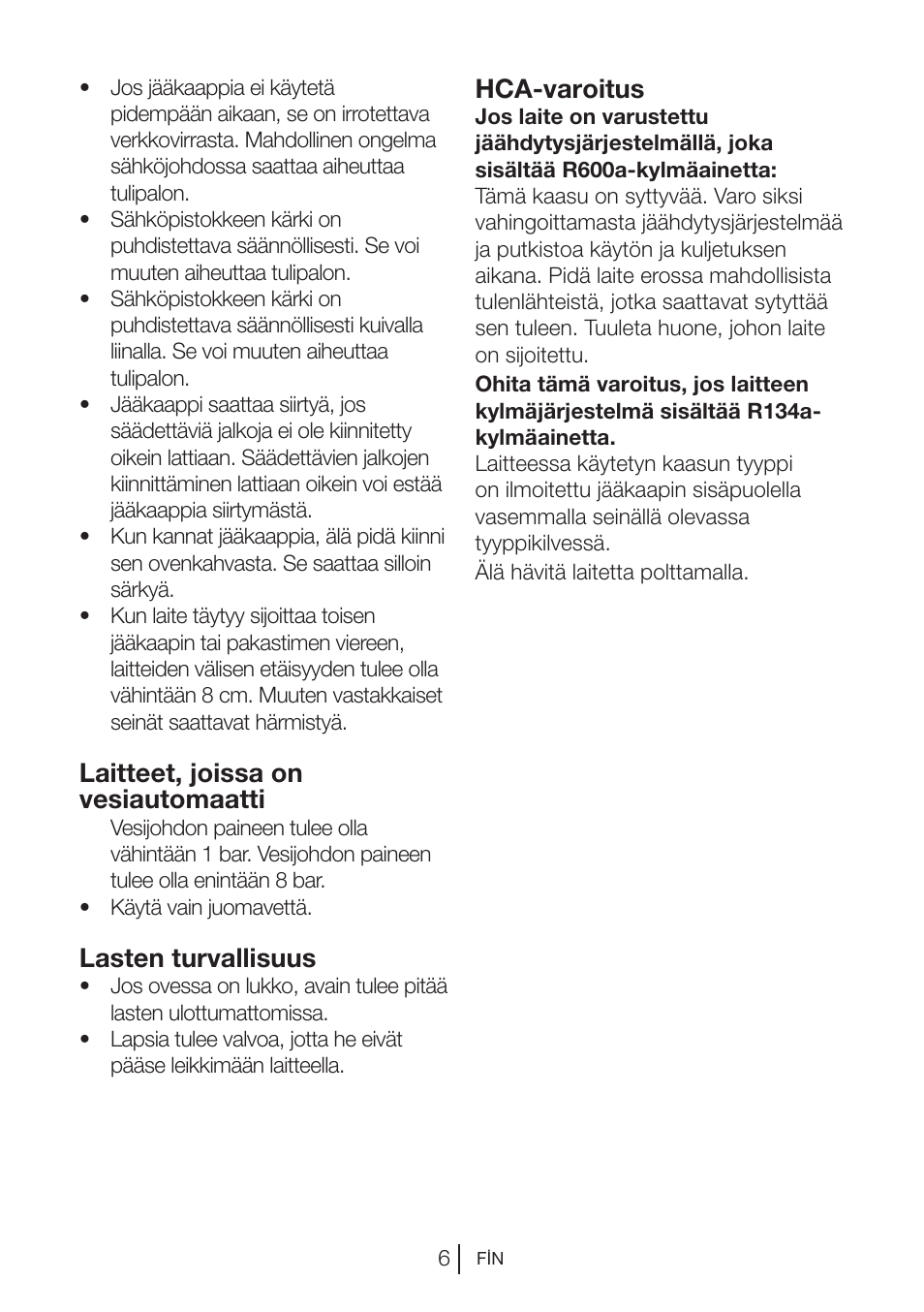 Laitteet, joissa on vesiautomaatti, Lasten turvallisuus, Hca-varoitus | Blomberg DSM 9510 X A+ User Manual | Page 138 / 191