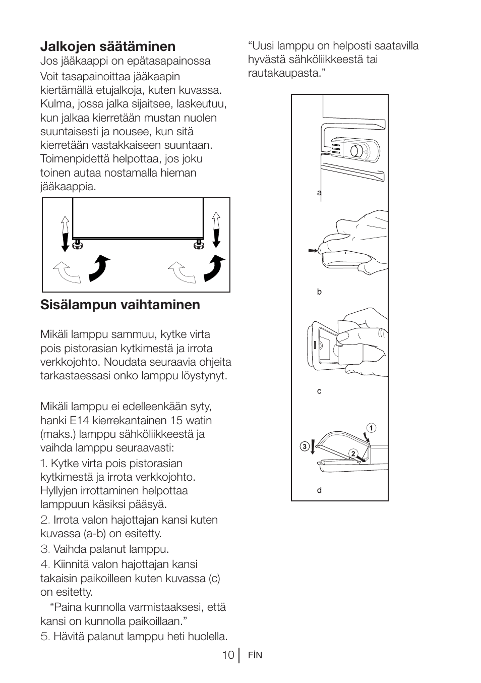 Jalkojen säätäminen, Sisälampun vaihtaminen | Blomberg DSM 9510 X A+ User Manual | Page 142 / 191