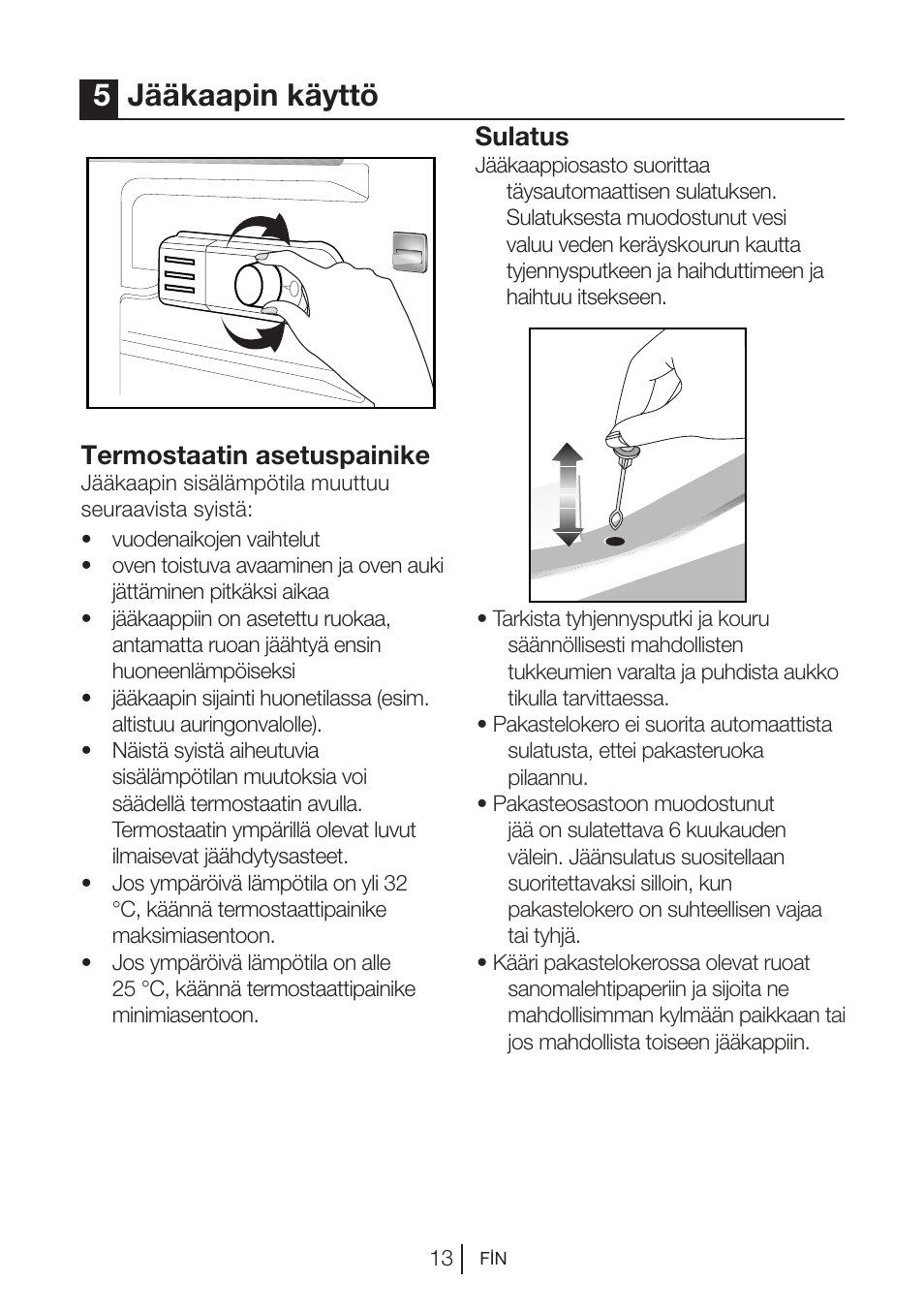 5jääkaapin käyttö, Termostaatin asetuspainike, Sulatus | Blomberg DSM 9510 X A+ User Manual | Page 145 / 191