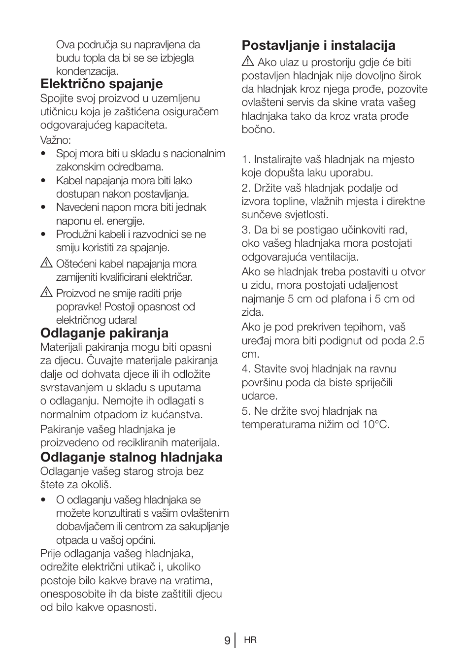 Električno spajanje, Odlaganje pakiranja, Odlaganje stalnog hladnjaka | Postavljanje i instalacija a | Blomberg DSM 9510 X A+ User Manual | Page 162 / 191