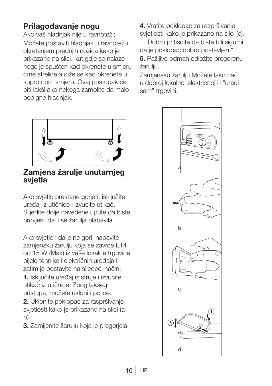 Zamjena žarulje unutarnjeg svjetla, Prilagođavanje nogu | Blomberg DSM 9510 X A+ User Manual | Page 163 / 191