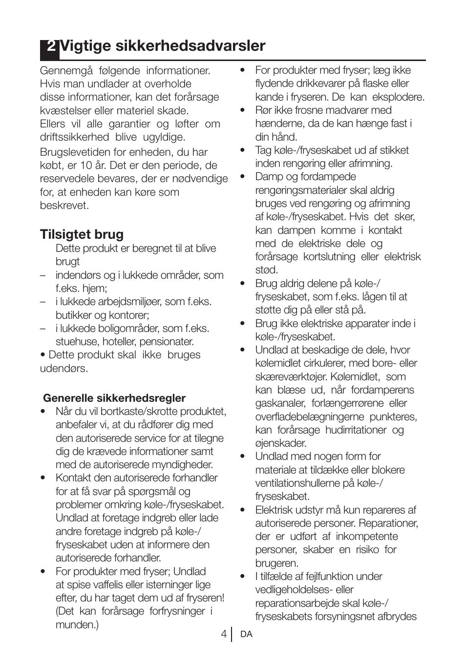 2vigtige sikkerhedsadvarsler, Tilsigtet brug | Blomberg DSM 9510 X A+ User Manual | Page 176 / 191