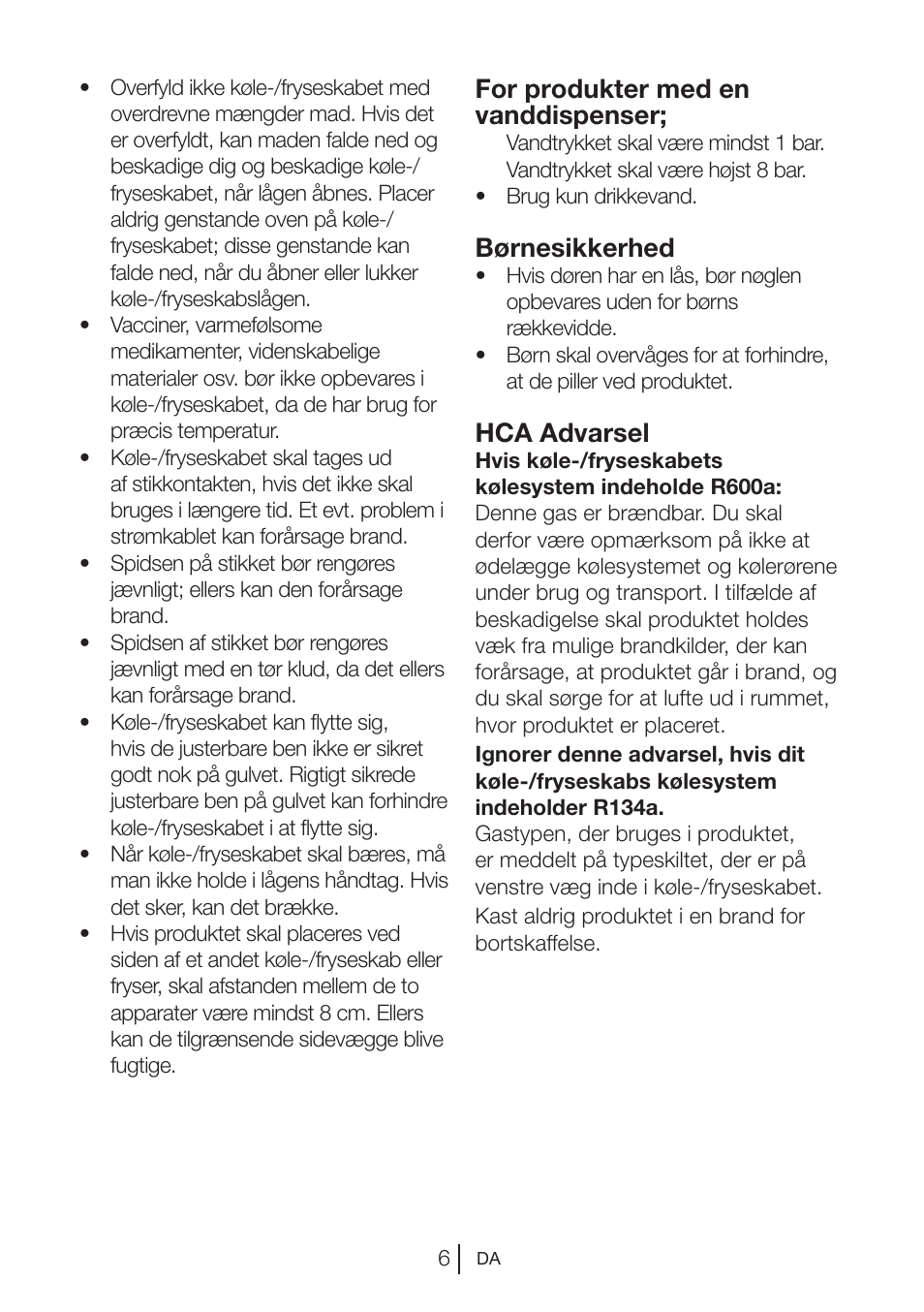 For produkter med en vanddispenser, Børnesikkerhed, Hca advarsel | Blomberg DSM 9510 X A+ User Manual | Page 178 / 191