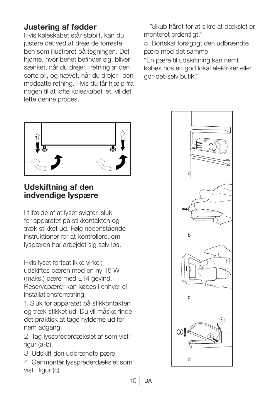 Udskiftning af den indvendige lyspære, Justering af fødder | Blomberg DSM 9510 X A+ User Manual | Page 182 / 191