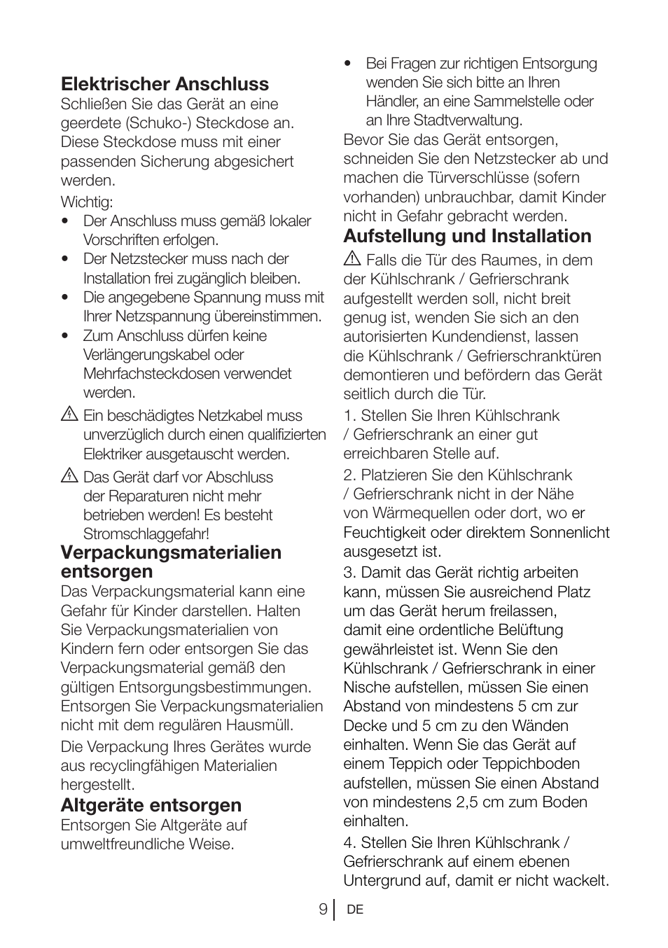 Elektrischer anschluss, Verpackungsmaterialien entsorgen, Altgeräte entsorgen | Aufstellung und installation a | Blomberg DSM 9510 X A+ User Manual | Page 29 / 191