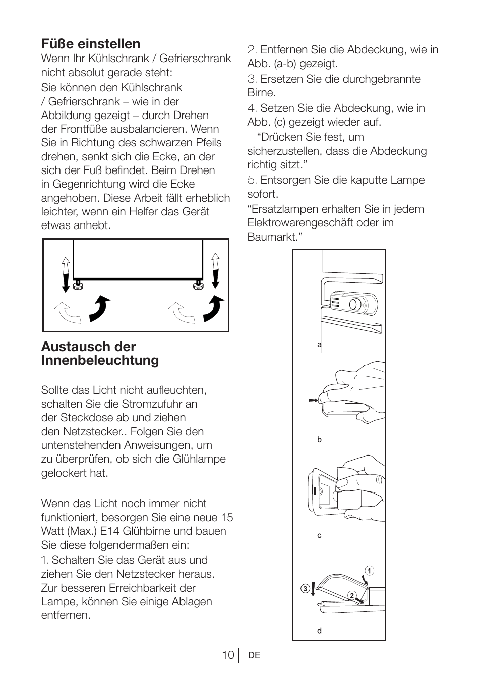Austausch der innenbeleuchtung, Füße einstellen | Blomberg DSM 9510 X A+ User Manual | Page 30 / 191